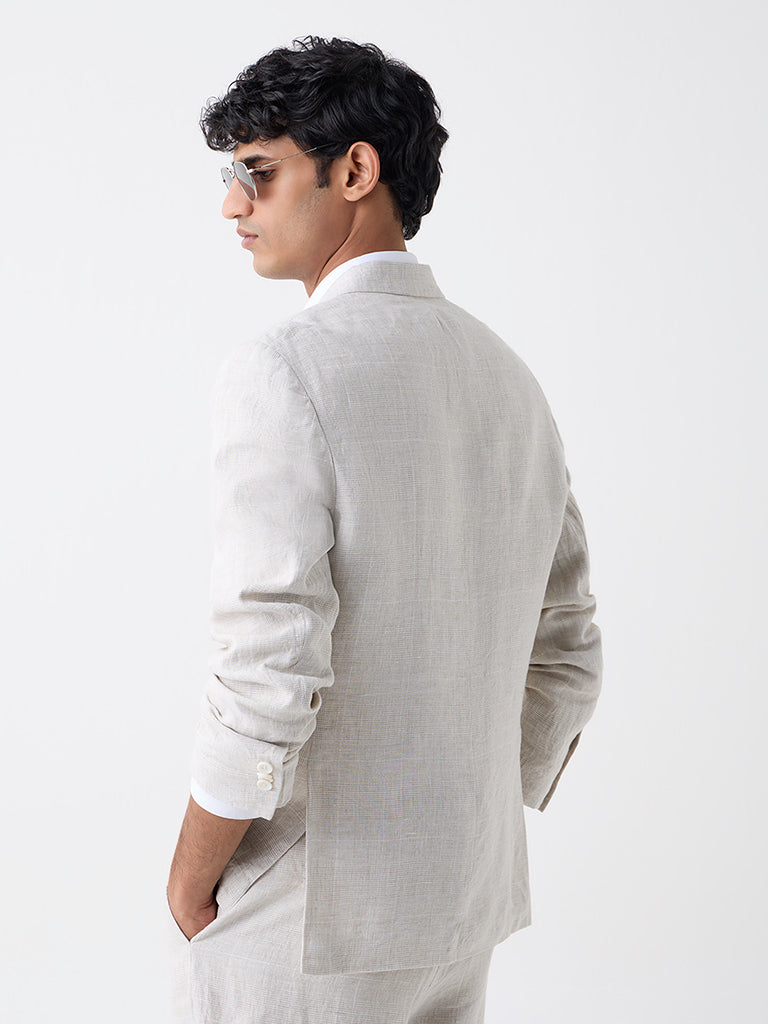 Ascot Beige Checkered Relaxed-Fit Linen Blazer