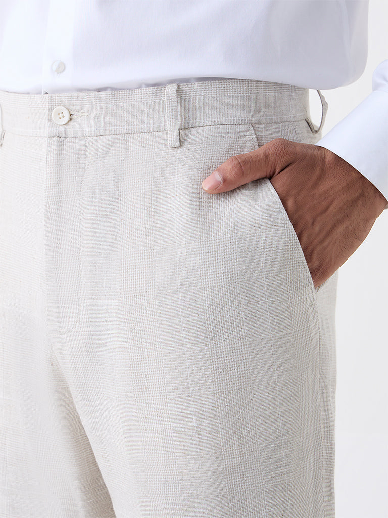 Ascot Beige Checked Relaxed-Fit Mid-Rise Linen Trousers