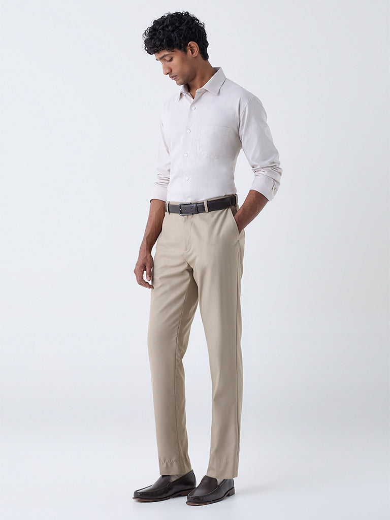WES Formals Beige Self-Patterned Relaxed-Fit Cotton Shirt