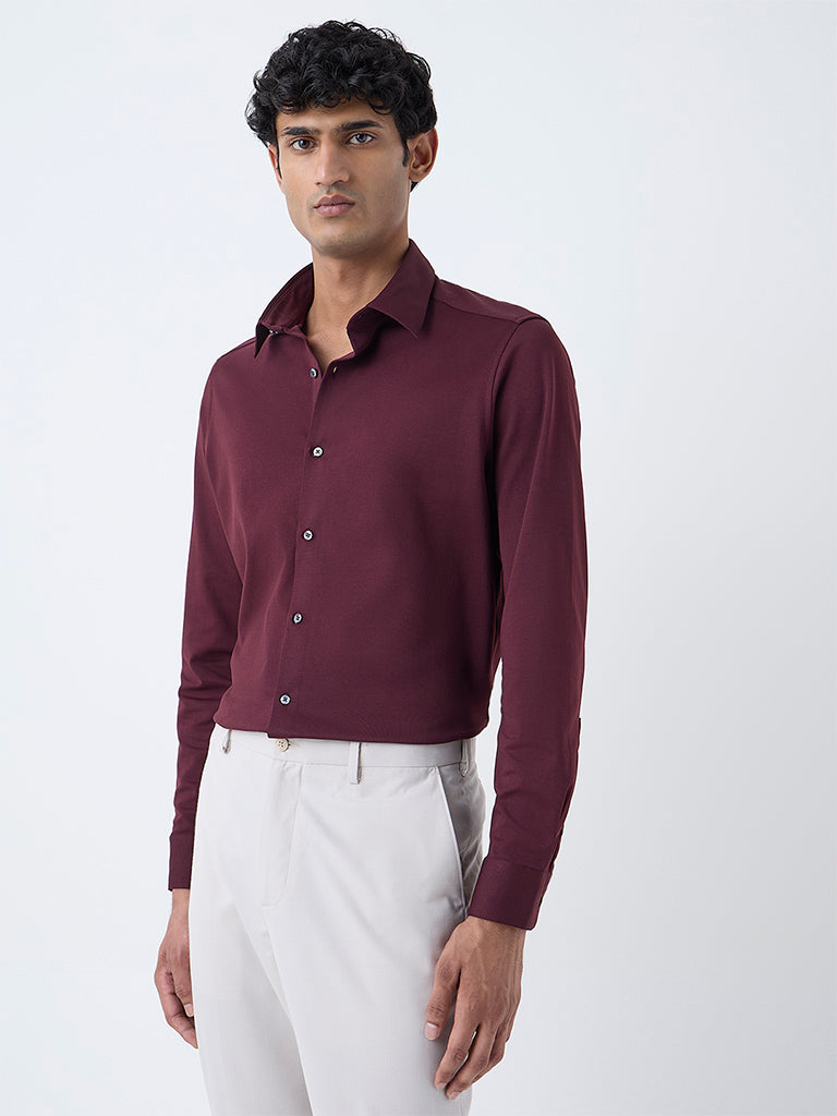 WES Formals Wine Slim-Fit Cotton-Blend Shirt