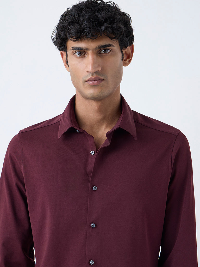 WES Formals Wine Slim-Fit Cotton-Blend Shirt