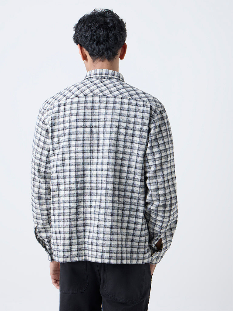 Nuon Off-White Checkered Pattern Relaxed-Fit Cotton Shirt