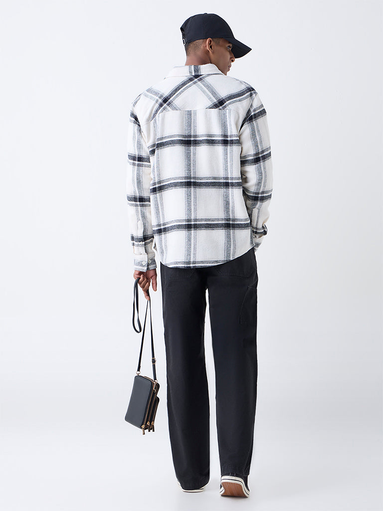 Nuon White Checks Pattern Relaxed-Fit Cotton Shirt