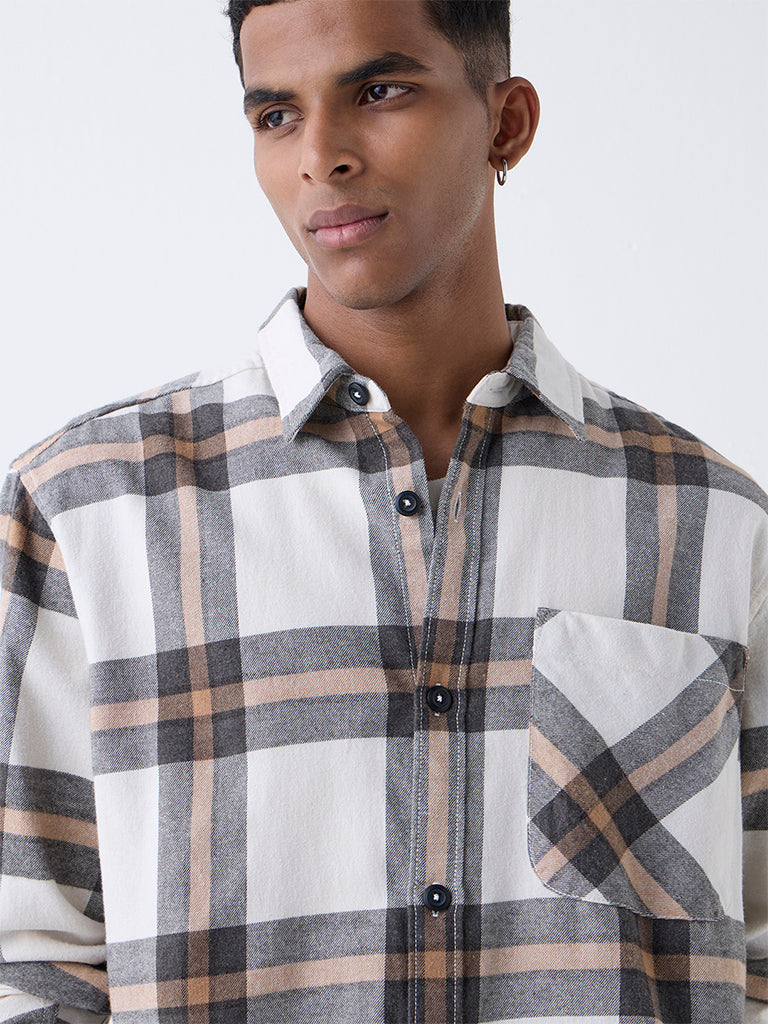 Nuon Beige Checkered Relaxed-Fit Cotton-Blend Shirt