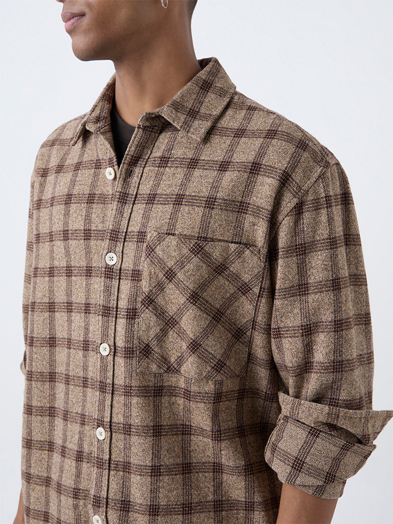 Nuon Brown Check Pattern Relaxed-Fit Cotton Shirt
