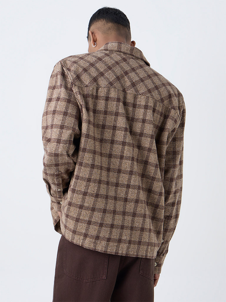Nuon Brown Check Pattern Relaxed-Fit Cotton Shirt