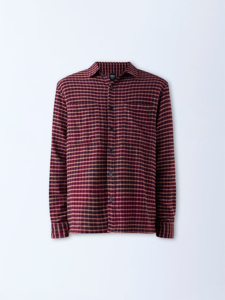 Nuon Maroon Checkered Relaxed-Fit Cotton Shirt