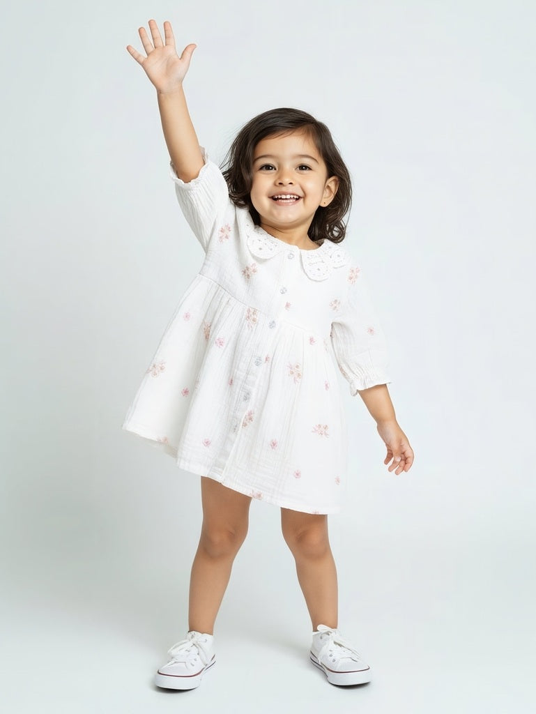 HOP Baby Girls White Floral Embroidered A-Line Cotton Dress