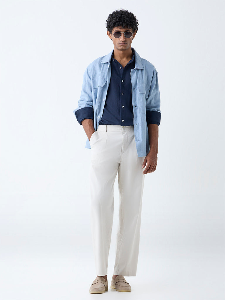 Westside Ascot Men's Beige Relaxed-Fit Mid-Rise Cotton-Blend Trousers for Casual Wear Full View