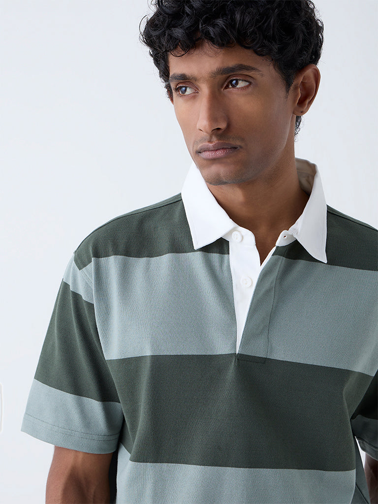 WES Casuals Olive Relaxed Fit Cotton-Blend Polo T-Shirt