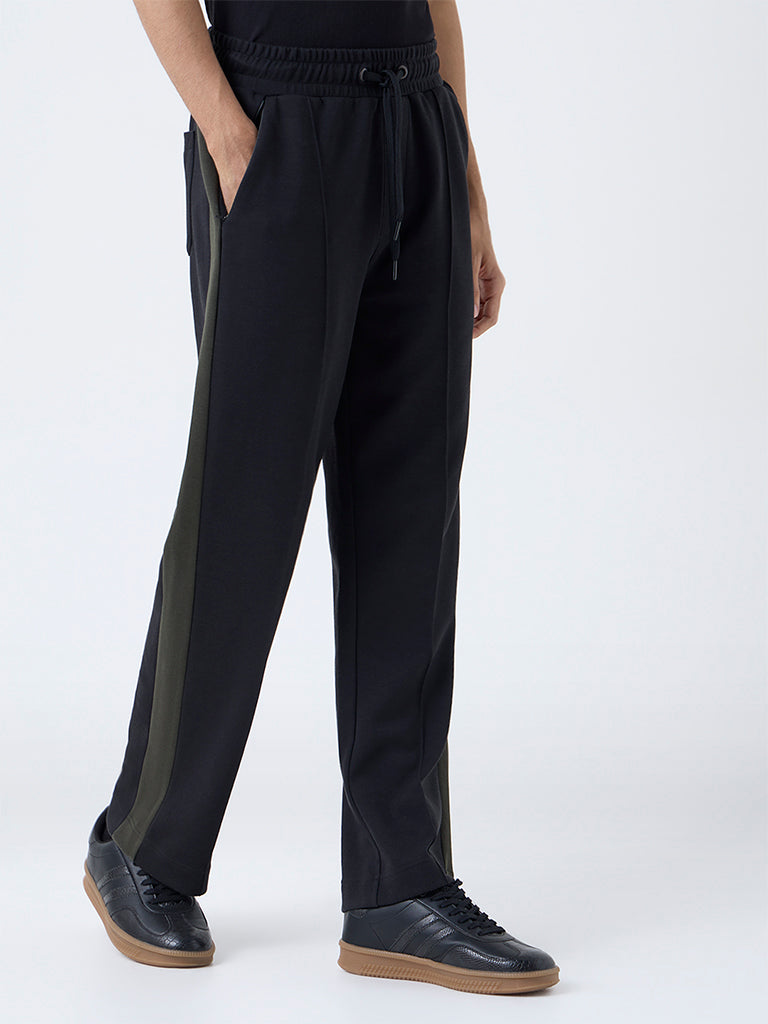 Studiofit Black Striped Relaxed-Fit Mid-Rise Track Pants