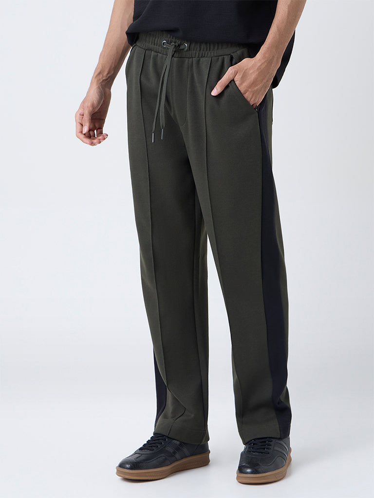 Studiofit Olive Striped Relaxed-Fit Mid-Rise Track Pants
