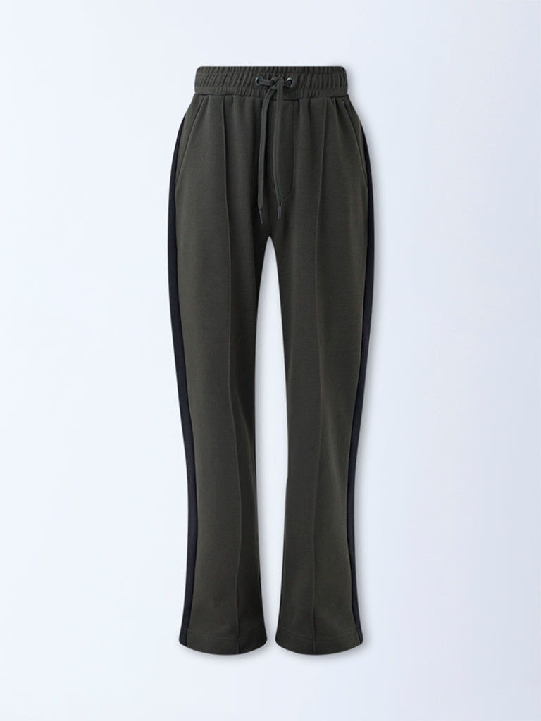 Studiofit Olive Striped Relaxed-Fit Mid-Rise Track Pants