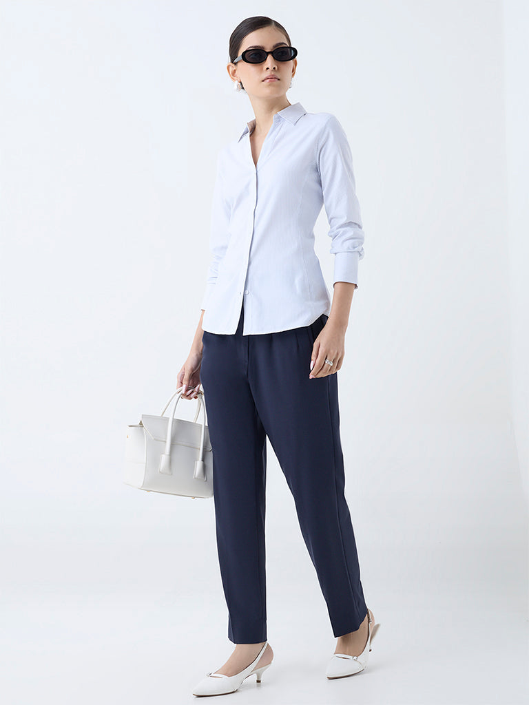 Westside Wardrobe Women's White Pinstriped Shirt for Work Wear Full View