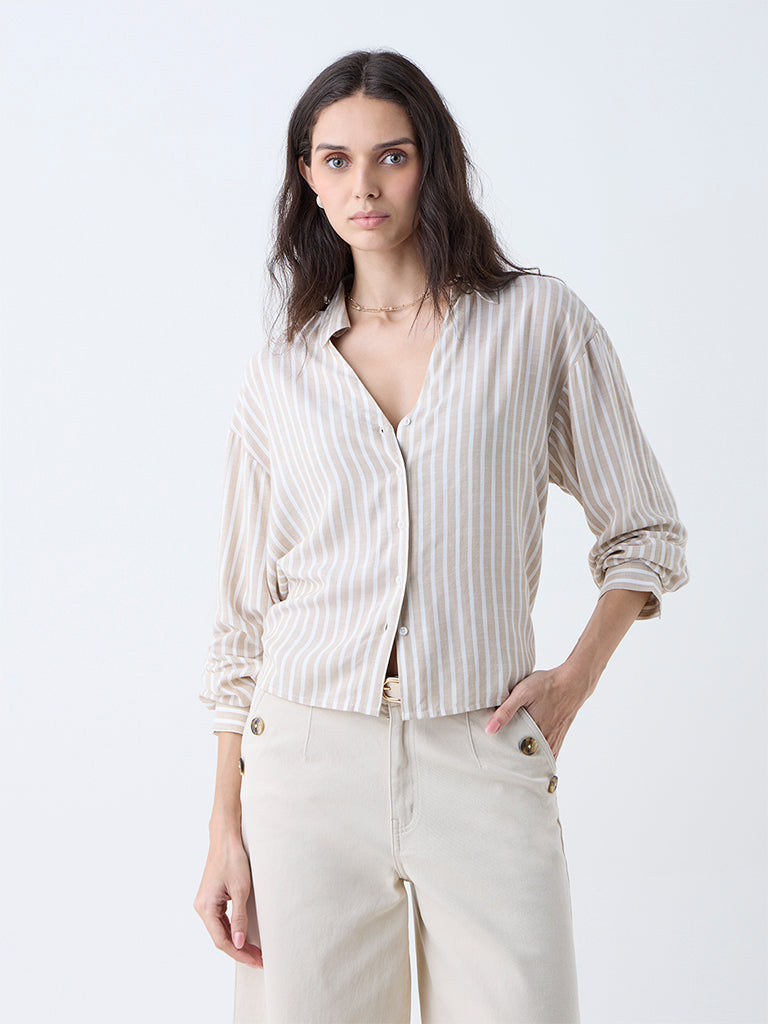 Westside LOV Women's Beige Stripes Shirt for Casual Wear Front view