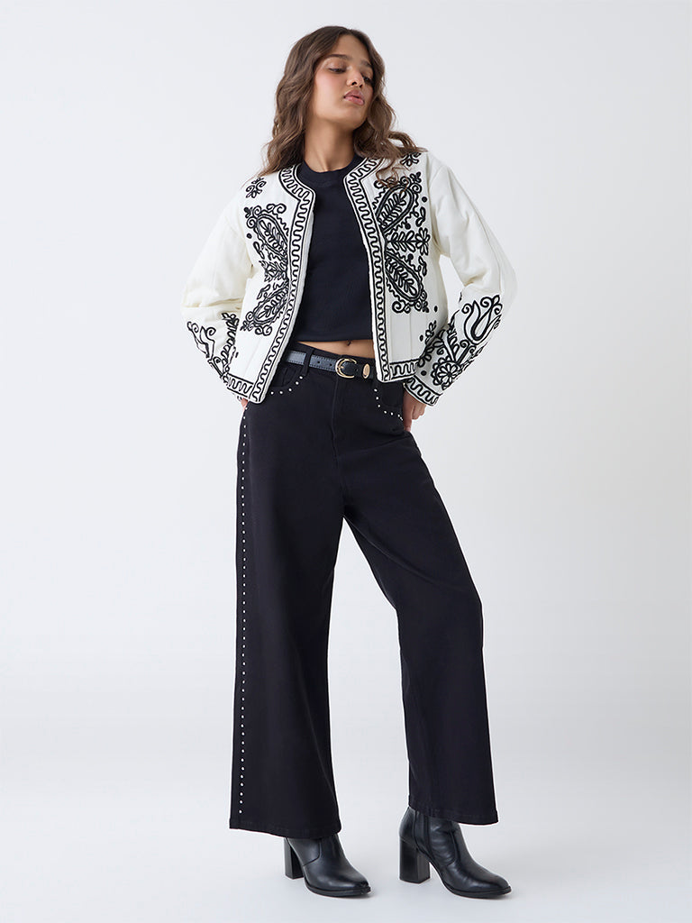 LOV Cream Embroidered Cotton Quilted Jacket
