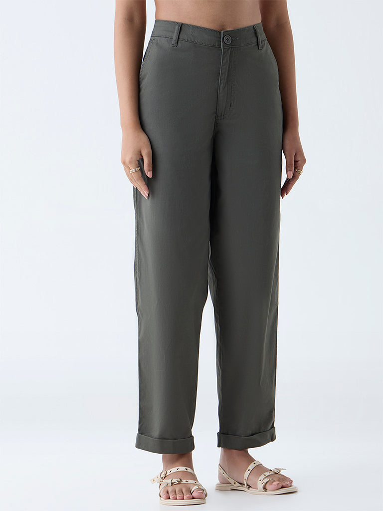 Westside LOV Women's Olive High-Rise Cotton-Blend Trousers for Casual Wear Front view