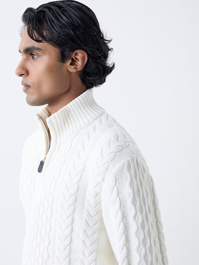 Ascot Off-White Relaxed Fit Three-Quarter Zip Sweater