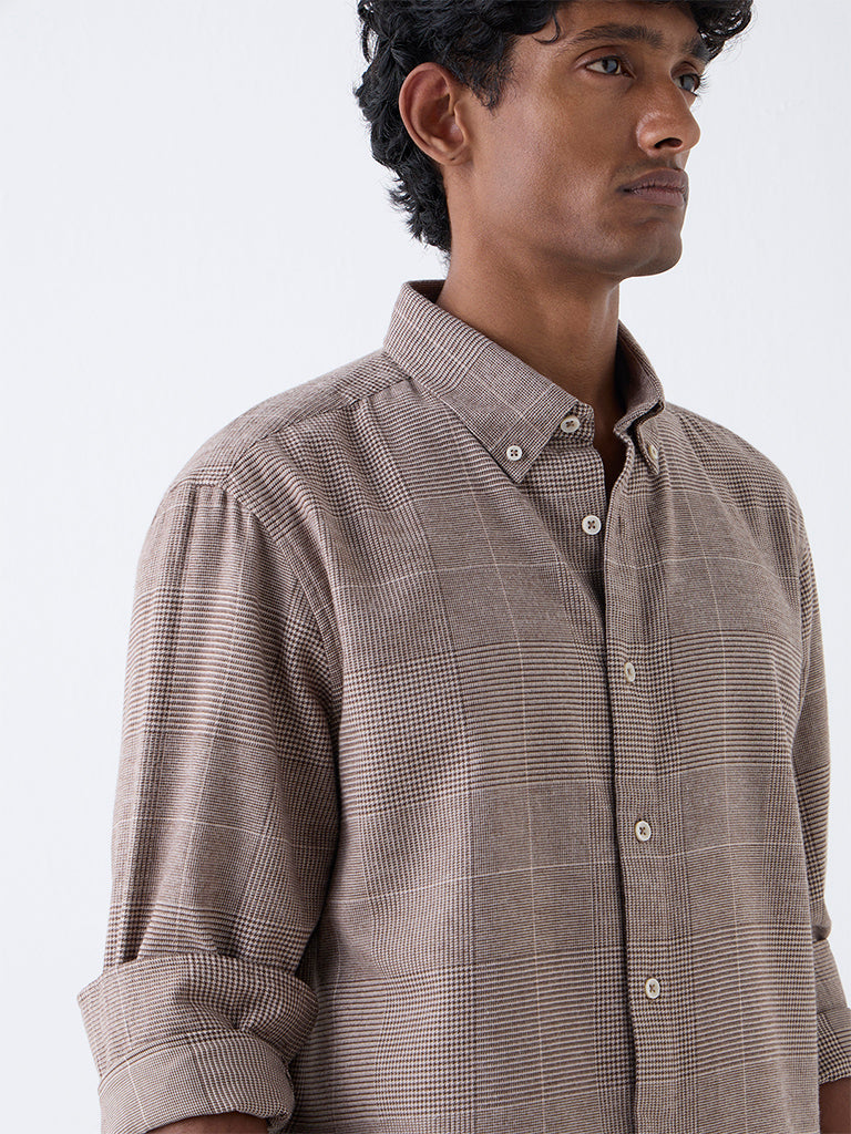 Ascot Tan Checkered Relaxed-Fit Cotton-Blend Shirt