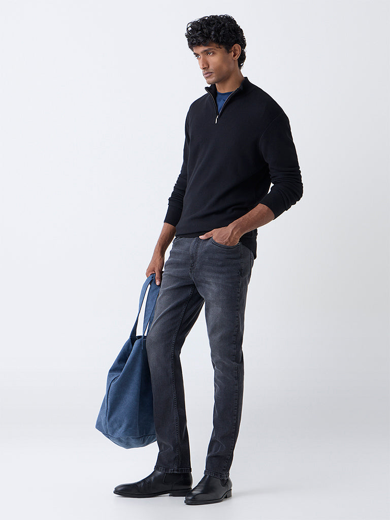 WES Formals Black Knit-Textured Slim-Fit Quarter-Zip Sweater