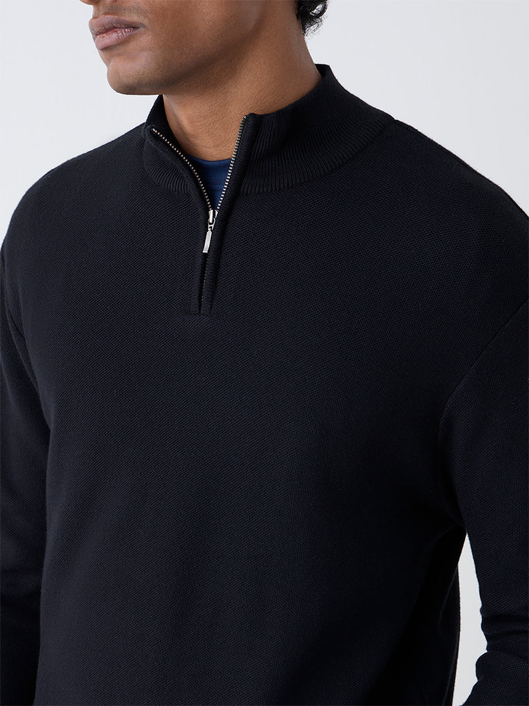 WES Formals Black Knit-Textured Slim-Fit Quarter-Zip Sweater
