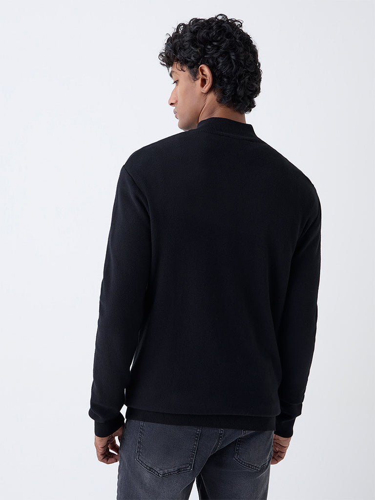 WES Formals Black Knit-Textured Slim-Fit Quarter-Zip Sweater