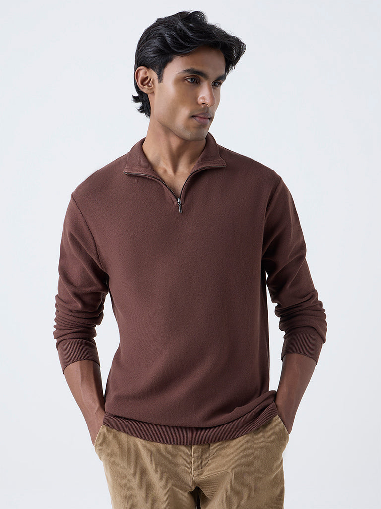 WES Formals Brown Knit-Textured Slim-Fit Quarter-Zip Sweater