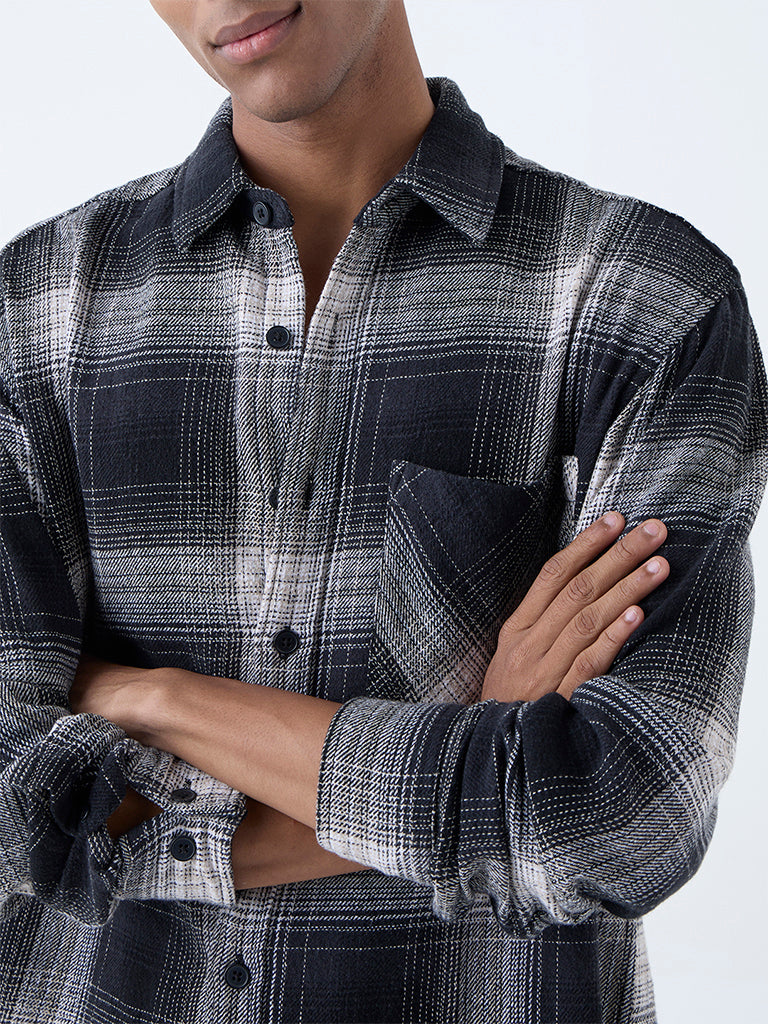 Nuon Black Checks Printed Relaxed-Fit Cotton Shirt