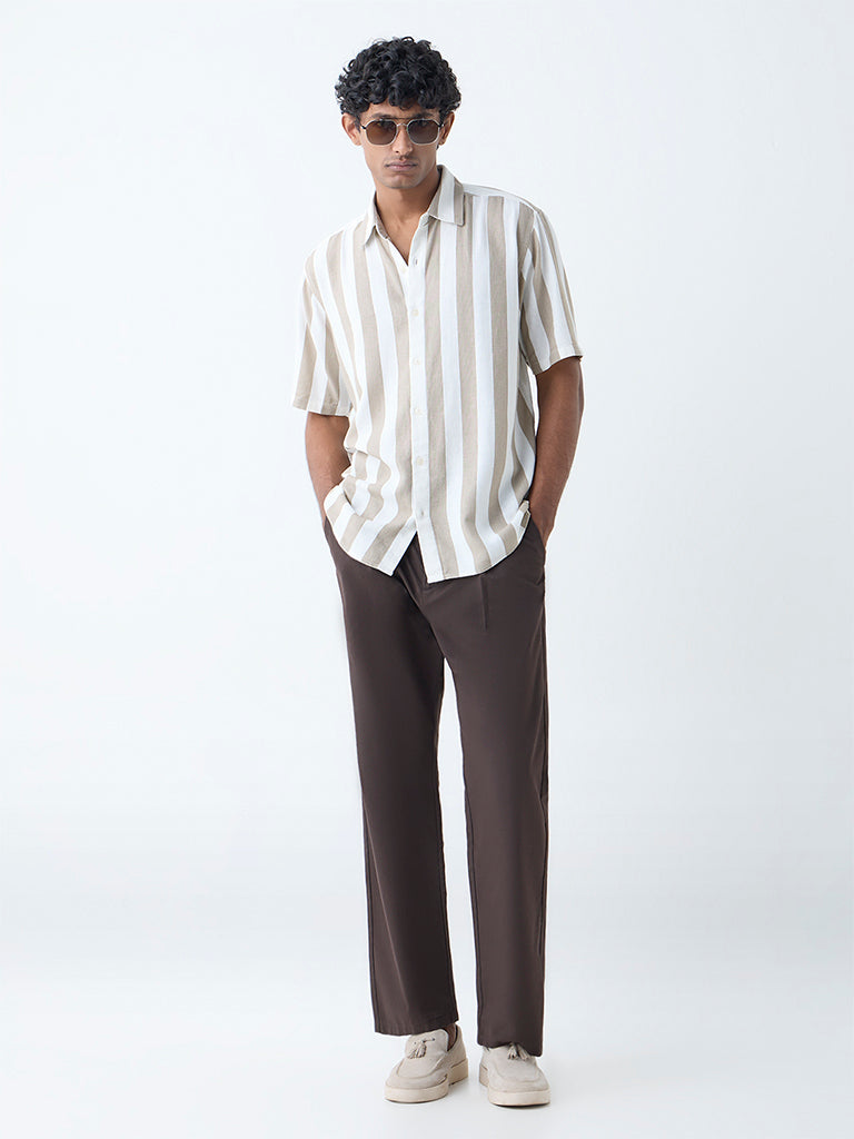 Westside Ascot Men's Beige Stripe Relaxed-Fit Shirt for Casual Wear Full View