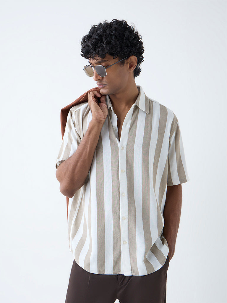 Westside Ascot Men's Beige Stripe Relaxed-Fit Shirt for Casual Wear Front view