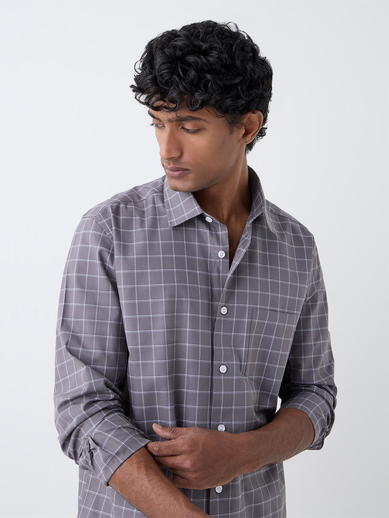 WES Formals Charcoal Checkered Relaxed-Fit Cotton Shirt