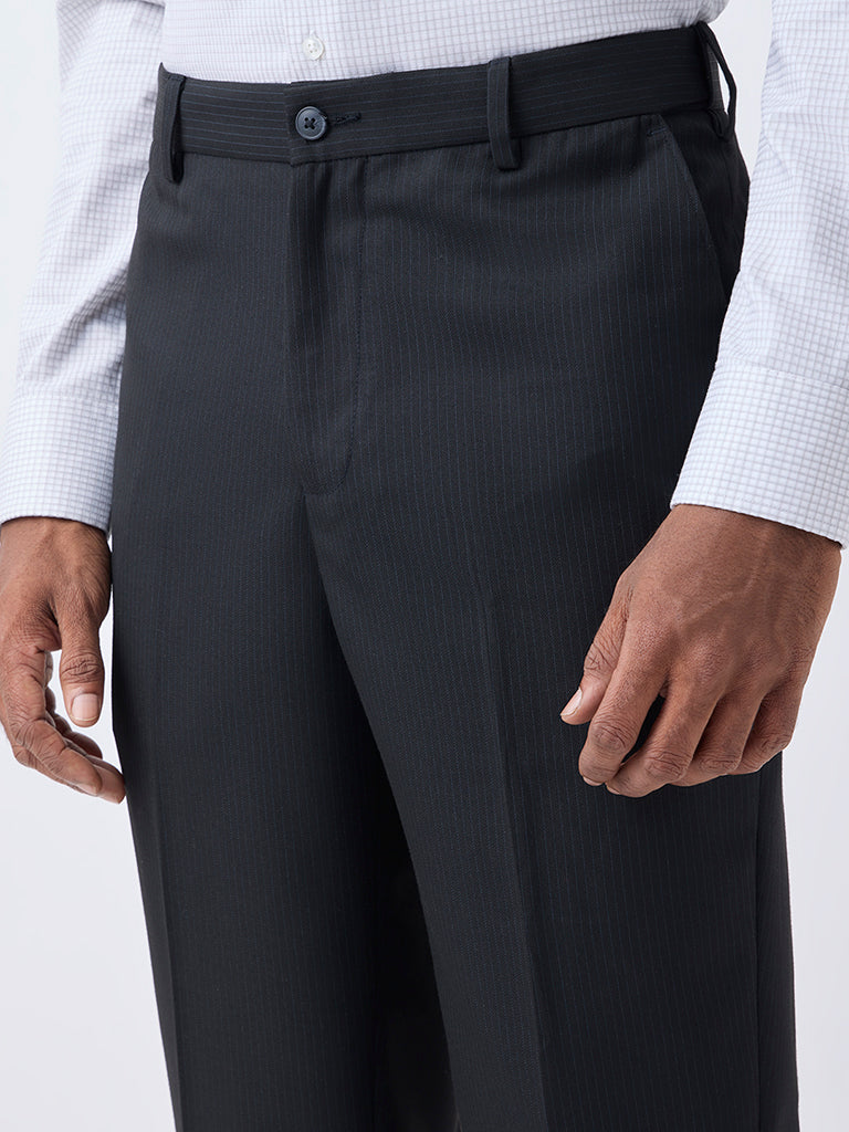 WES Formals Black Pinstriped Relaxed-Fit Mid-Rise Trousers