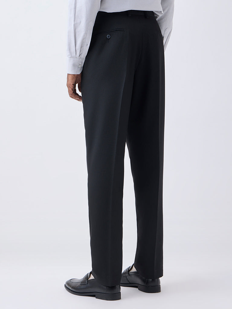 WES Formals Black Pinstriped Relaxed-Fit Mid-Rise Trousers