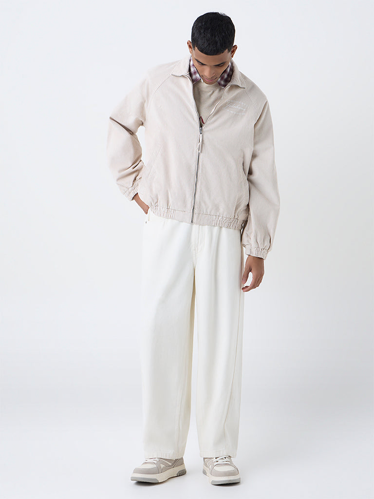 Nuon Beige Typographic Relaxed-Fit Corduroy Jacket
