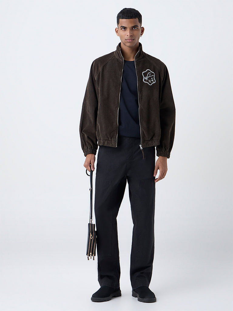 Nuon Brown Text Design Relaxed-Fit Corduroy Jacket