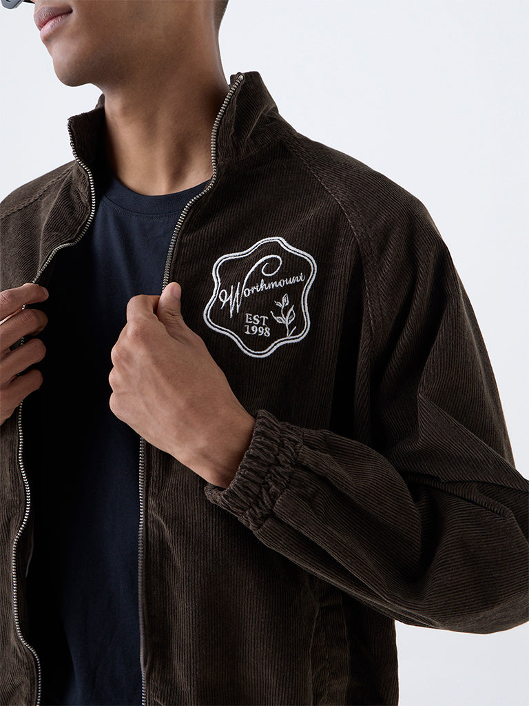Nuon Brown Text Design Relaxed-Fit Corduroy Jacket