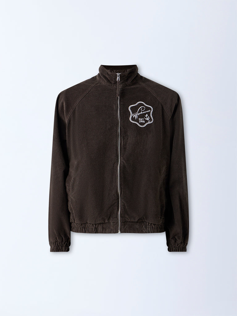Nuon Brown Text Design Relaxed-Fit Corduroy Jacket