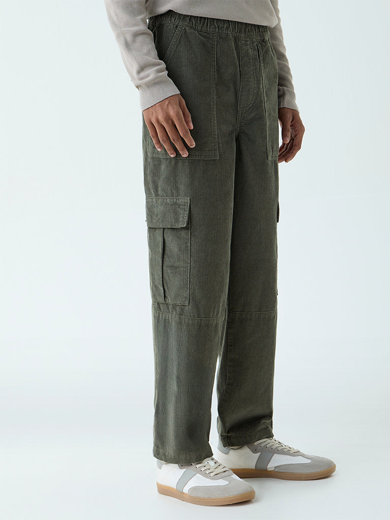Nuon Olive Cargo-Style Relaxed-Fit Mid-Rise Corduroy Pants