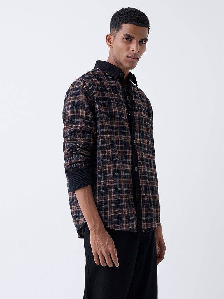 Nuon Brown Checks Pattern Relaxed-Fit Cotton Shirt