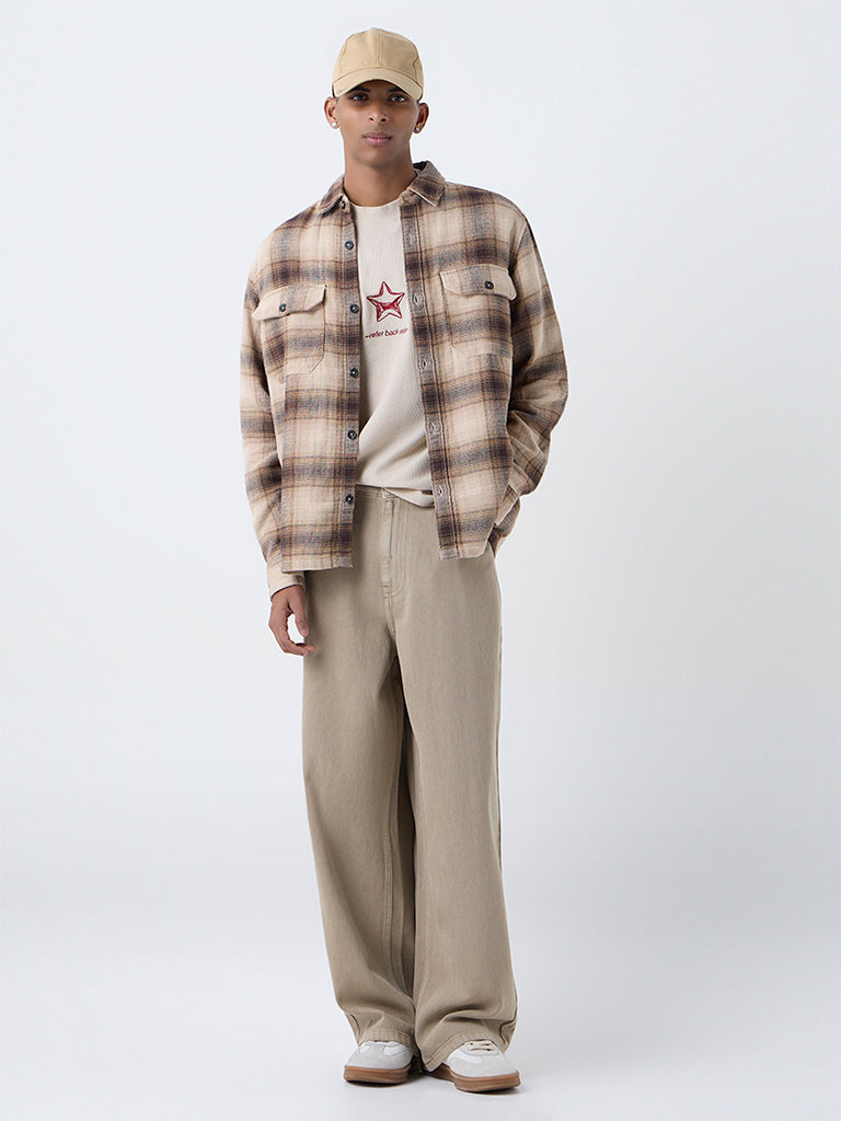 Nuon Light Brown Checkered Relaxed-Fit Cotton Shirt