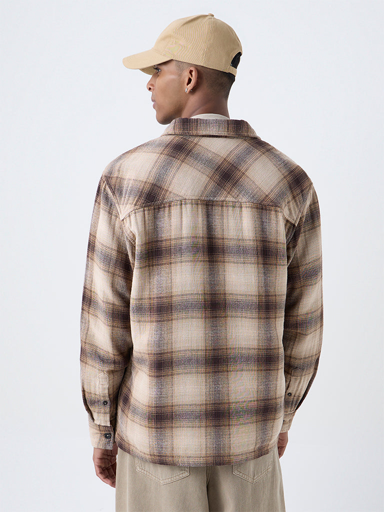 Nuon Light Brown Checkered Relaxed-Fit Cotton Shirt