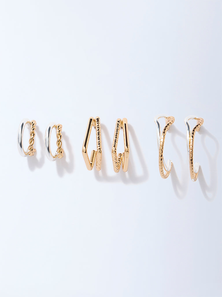 Westside Accessories Gold and Silver Dual Tone Finish Textured Hoops - Pack of 3