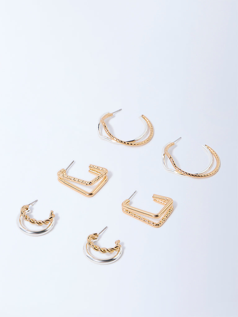 Westside Accessories Gold and Silver Dual Tone Finish Textured Hoops - Pack of 3
