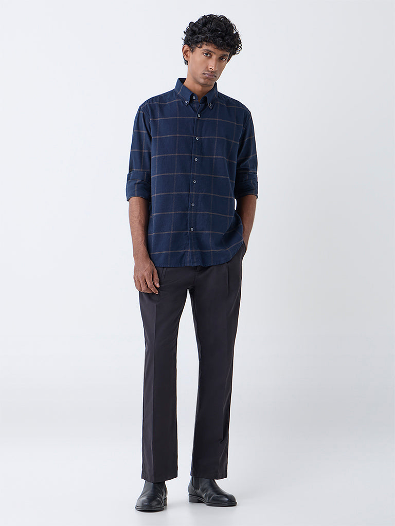 Ascot Navy Check Relaxed-Fit Cotton Shirt