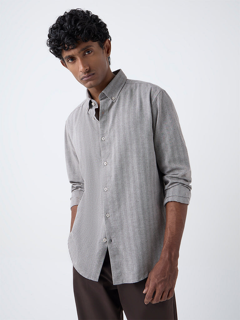 Ascot Taupe Chevron Printed Relaxed-Fit Cotton-Blend Shirt