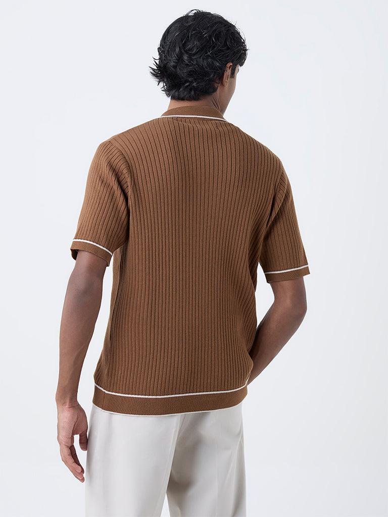 Ascot Tan Self-Striped Relaxed-Fit Cotton-Blend T-Shirt