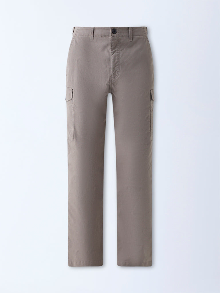 WES Casuals Taupe Relaxed-Fit Cotton Trousers