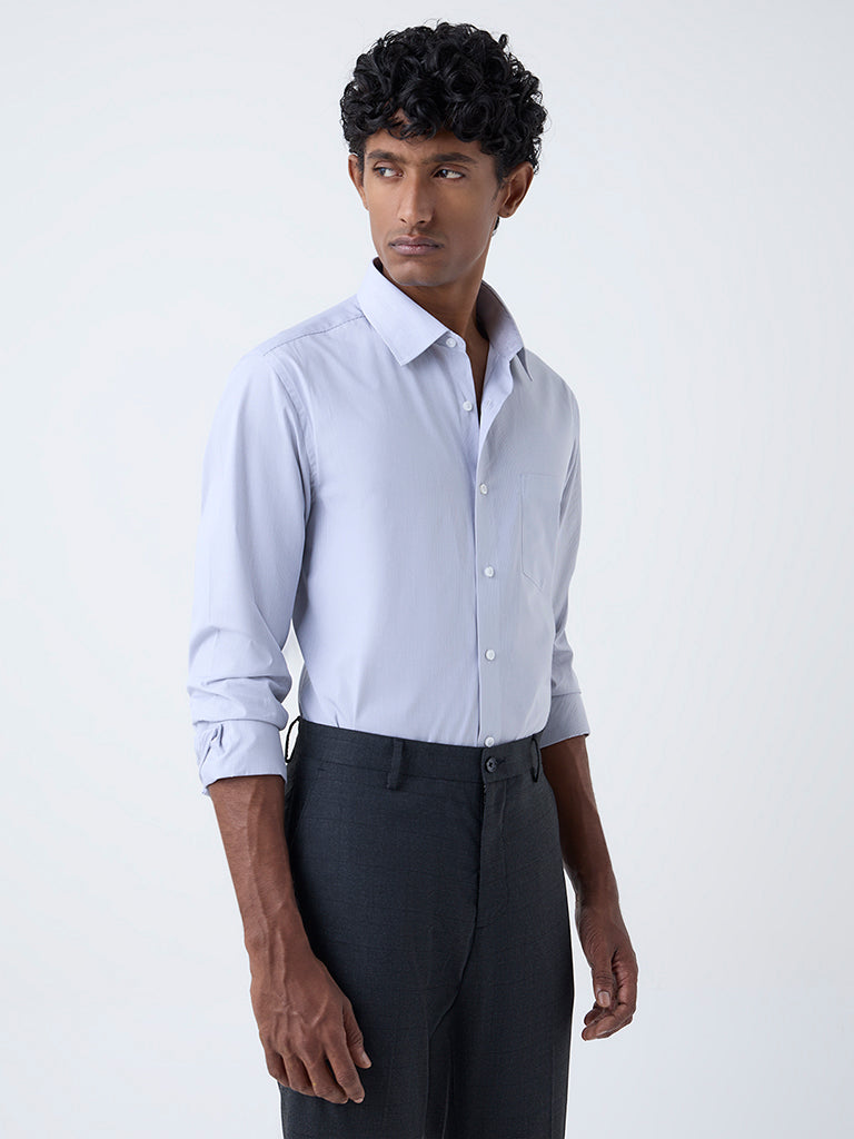 WES Formals Grey Striped Slim-Fit Cotton Shirt
