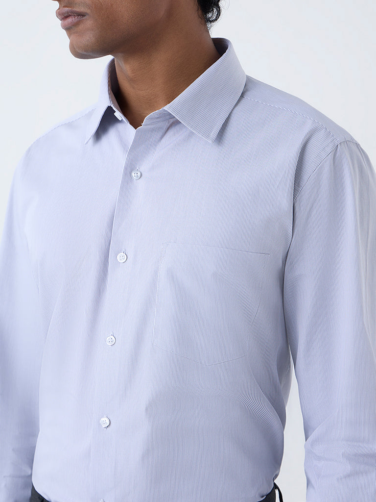 WES Formals Grey Striped Slim-Fit Cotton Shirt