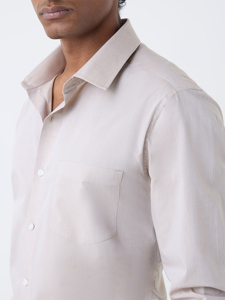 WES Formals Beige Solid Slim-Fit Cotton Shirt
